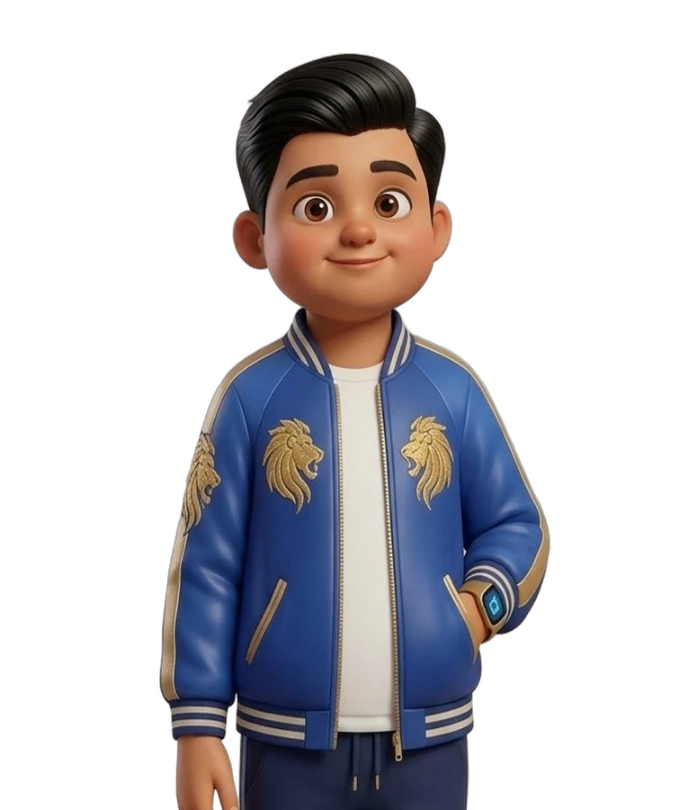 Aarav, smiling, in his royal-blue jacket with gold lions